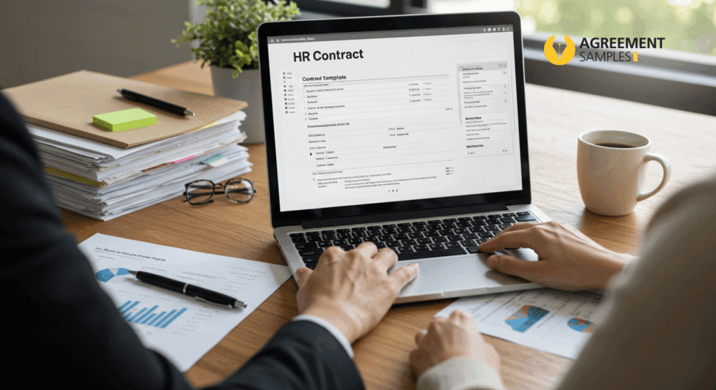 An HR professional editing a full-time employment contract template in Microsoft Word at a modern office desk.