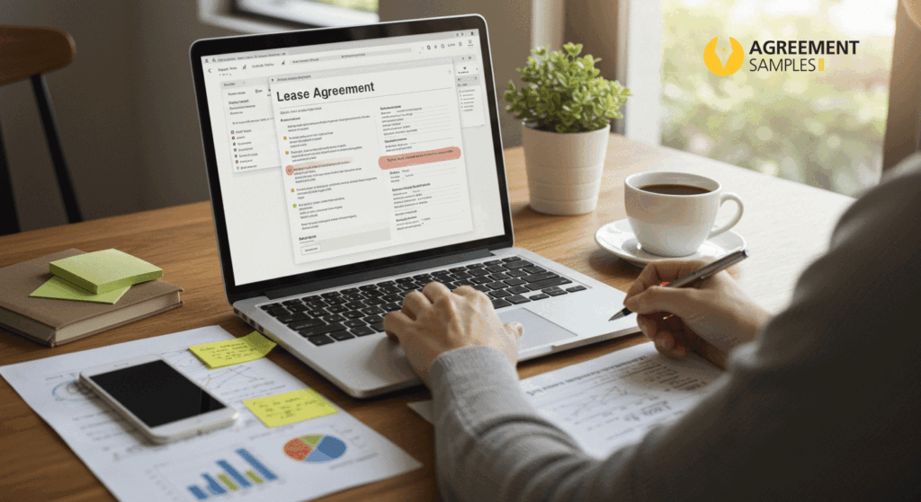 A person editing a lease agreement on a laptop and making notes on paper, symbolizing customizing rental documents to fit specific needs.