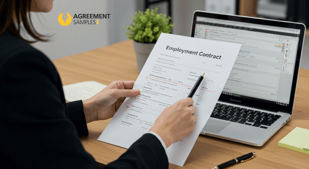 An HR manager customizing a full-time employment contract template in Word, highlighting editable fields like job details, salary, and working hours.
