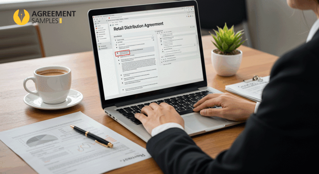 Business professional editing a retail distribution agreement template on a laptop with legal documents and notes on a desk.
