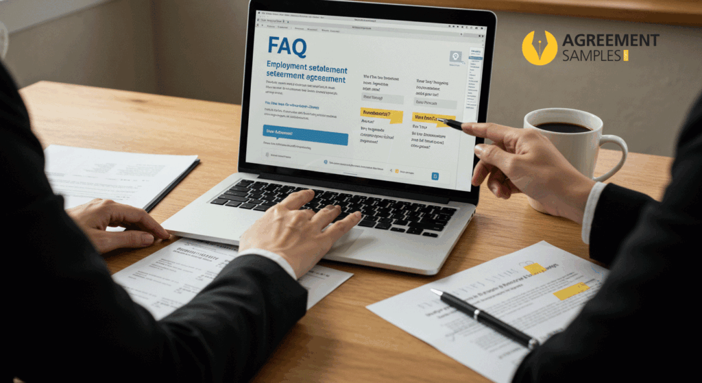 A professional reviewing a Frequently Asked Questions section about employment settlement agreements on a laptop in a modern office setting.