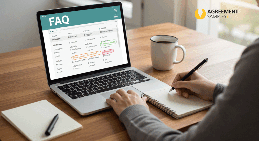 A landlord and tenant reviewing a document with common questions in a living room setting, symbolizing clear answers to lease agreement FAQs.