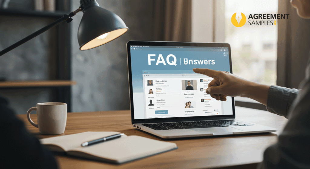 A freelancer reviewing contractor agreement FAQs on a laptop in a modern office setting.