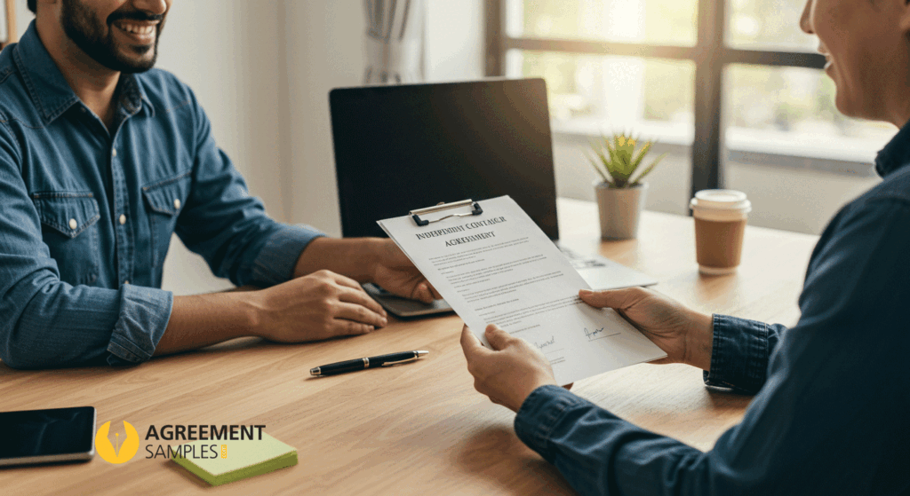 A freelancer and client reviewing and signing an independent contractor agreement in a modern office.
