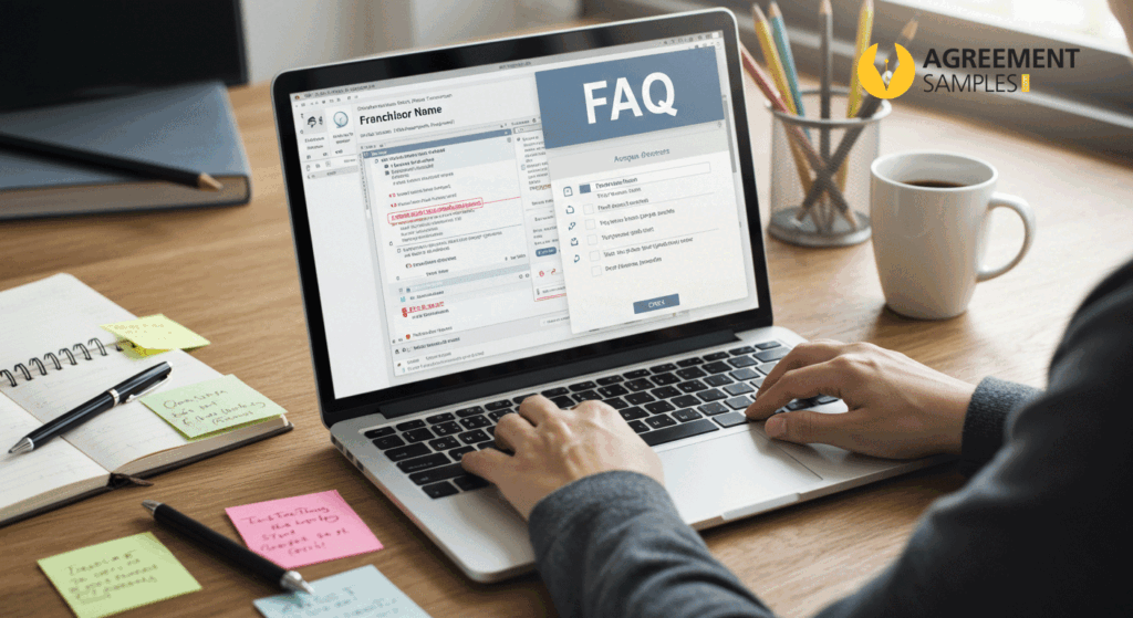 Professional reviewing a FAQ page on a laptop, representing answers to common questions about franchise agreement templates.
