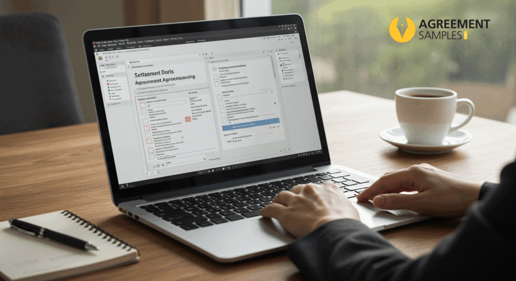 A professional customizing an employment settlement agreement template on a laptop with highlighted fields for names, compensation, and clauses.