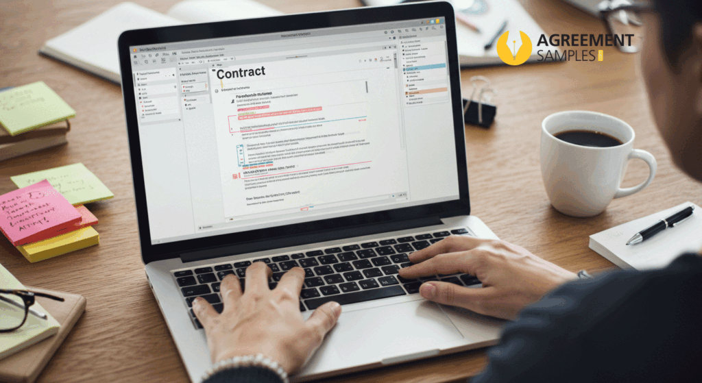 Person editing a franchise agreement template on a laptop, replacing placeholders with business details to customize the document.