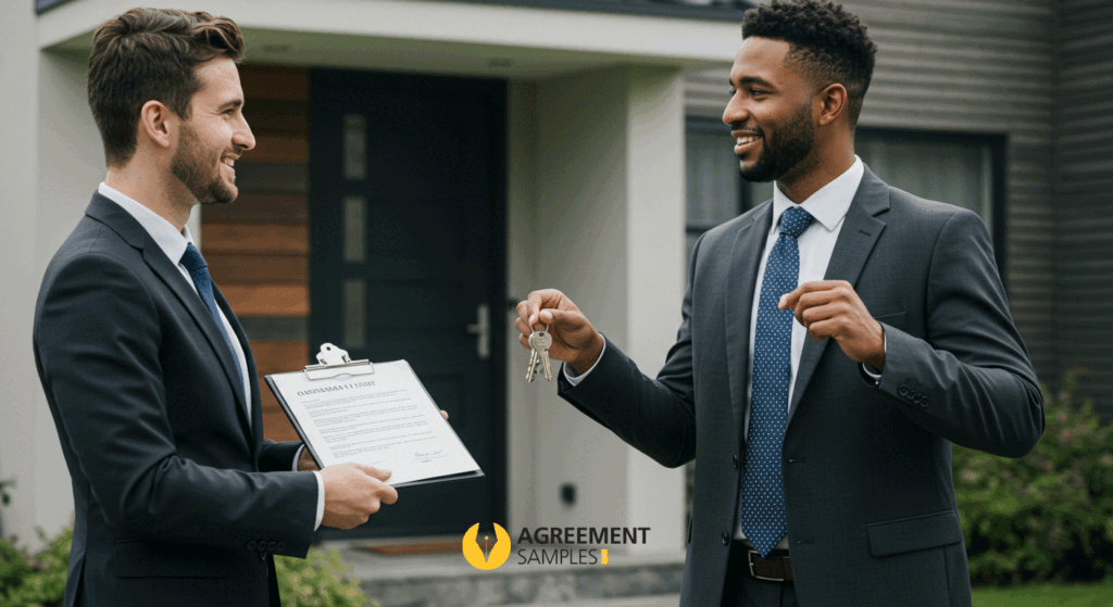 A landlord and tenant sitting at a table reviewing a lease agreement inside a home, symbolizing clear communication and understanding in rental agreements.