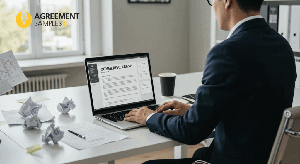 A business professional comparing scattered drafts with a clean digital lease template on a laptop.