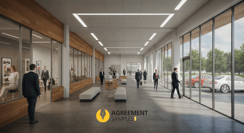 Commercial lease agreements covering shared common areas like lobbies, hallways, and lounges in a business property.