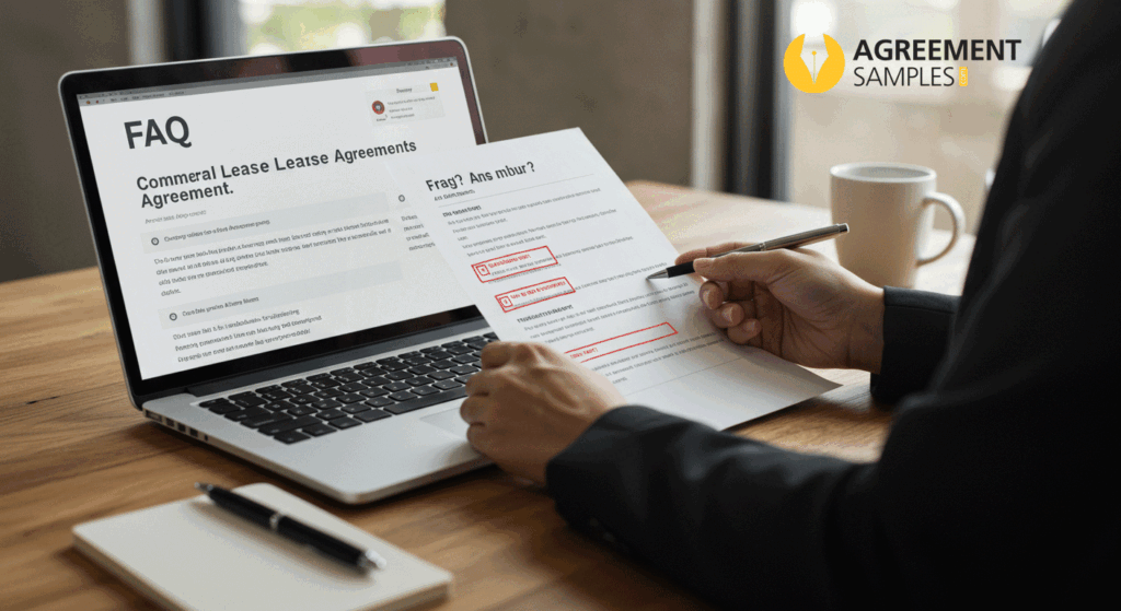 A business professional reviewing frequently asked questions about commercial lease agreements on a laptop.