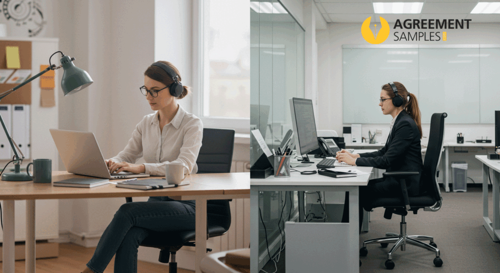 Comparison of a marketing contractor working from home versus an employee in a corporate office environment.