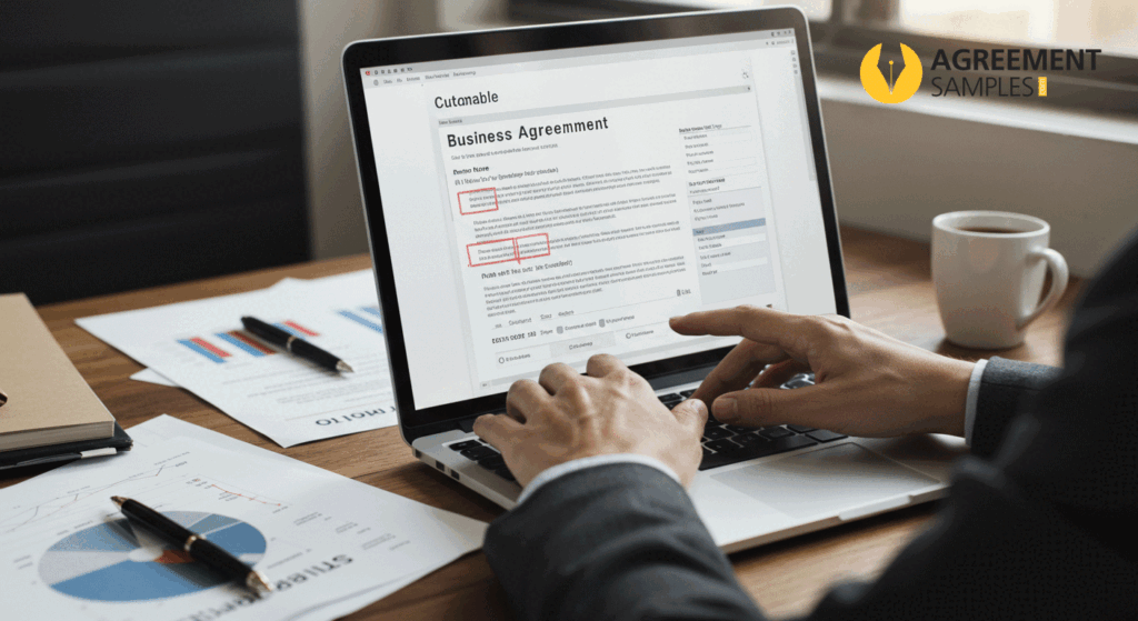 Professional customizing a Limited Partnership Agreement template on a laptop, editing partner details and contributions in a Word document.