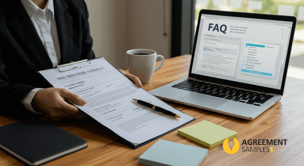 A business professional reviewing a FAQ section on a laptop, representing frequently asked questions about unilateral NDAs.