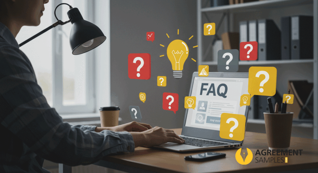 Professional reviewing a FAQ page on a laptop with question mark and light bulb icons, representing frequently asked questions about part-time employment agreements.