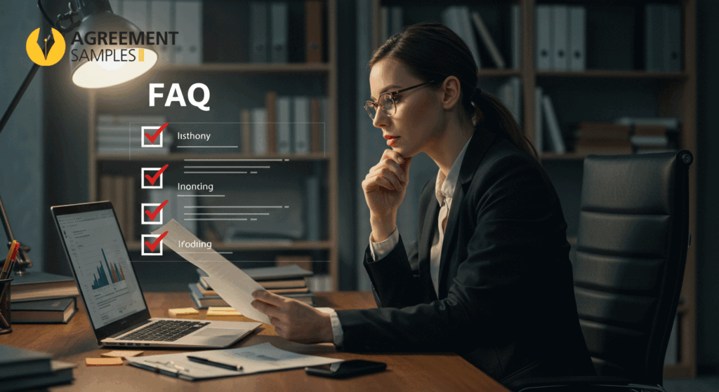 Business professional reviewing a list of frequently asked questions on a laptop, representing the FAQ section about sales agency agreements.