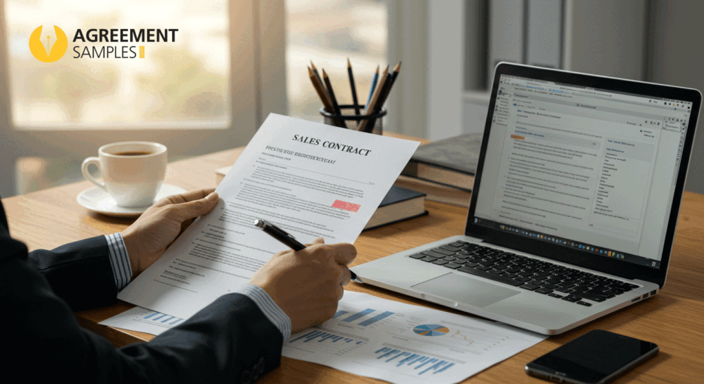 Business professional reviewing and editing a sales agency contract with notes and a laptop, representing how to customize a sales agency agreement.