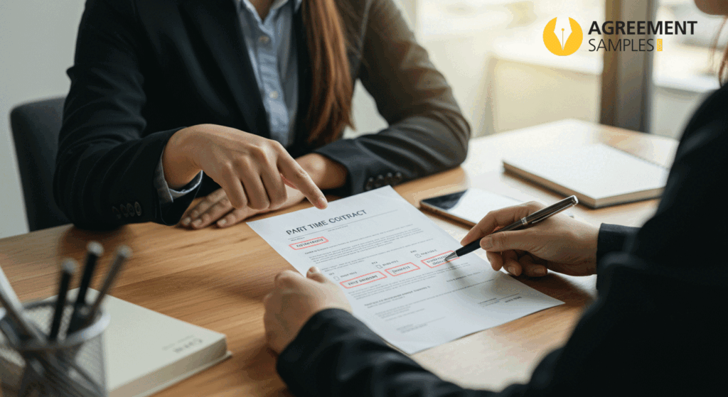 Employer and part-time worker reviewing and discussing a contract at a desk, highlighting the importance of clear terms, legal protection, and flexible work arrangements.