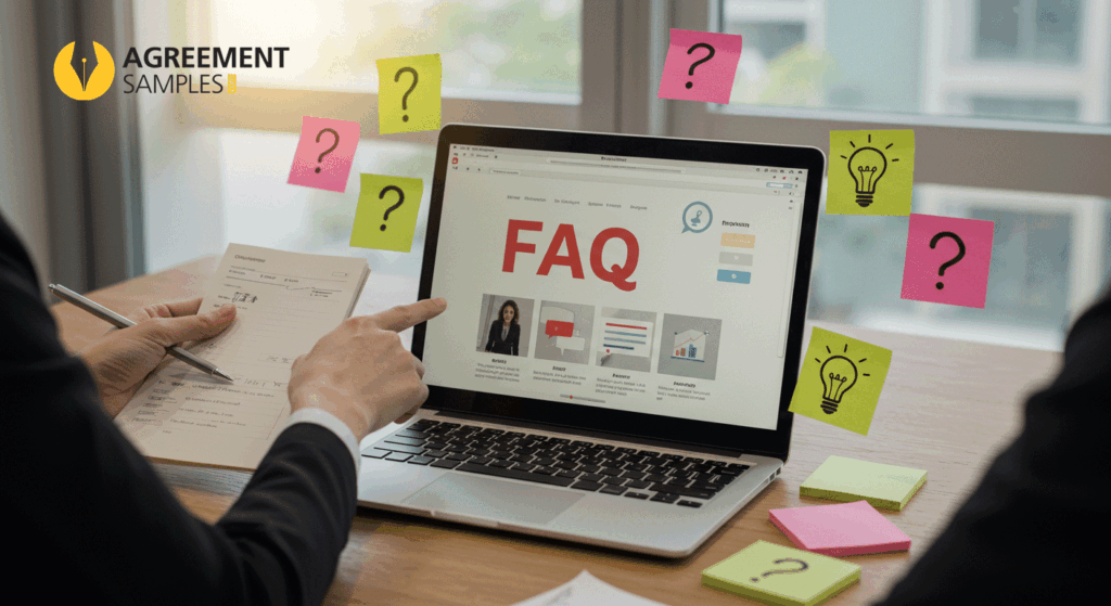 A professional reviewing a Frequently Asked Questions (FAQs) section on a laptop, with sticky notes and notepad symbolizing questions and answers.