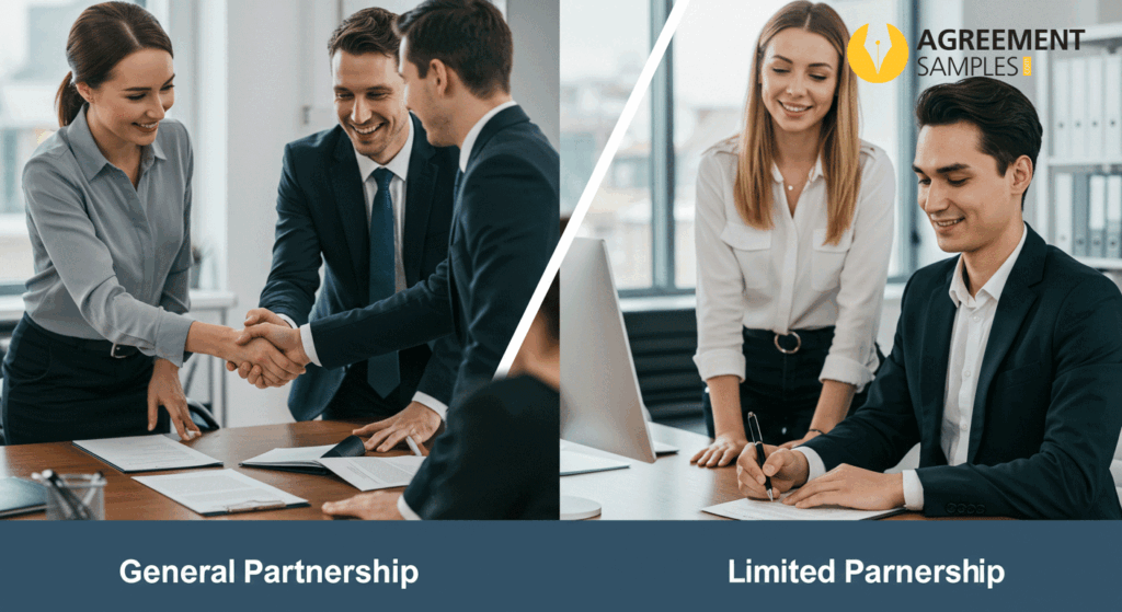 Image comparing a General Partnership with all partners managing, and a Limited Partnership where one partner manages while others invest.