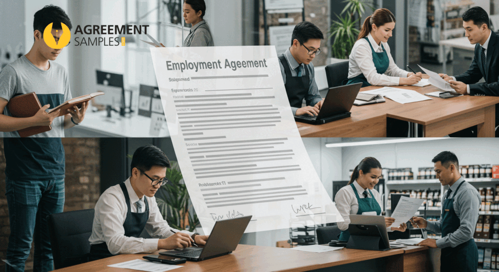 Students, freelancers, business owners, and retail workers connected by a contract document, showing who should use a part-time employment agreement.