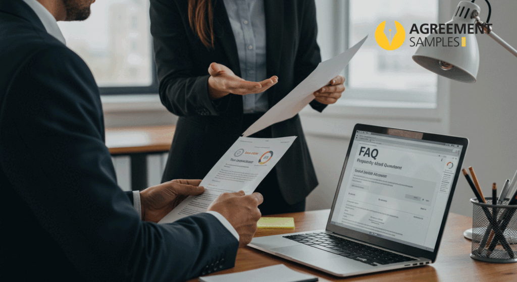 Professionals discussing common questions about advertising agency agreements in a modern office setting