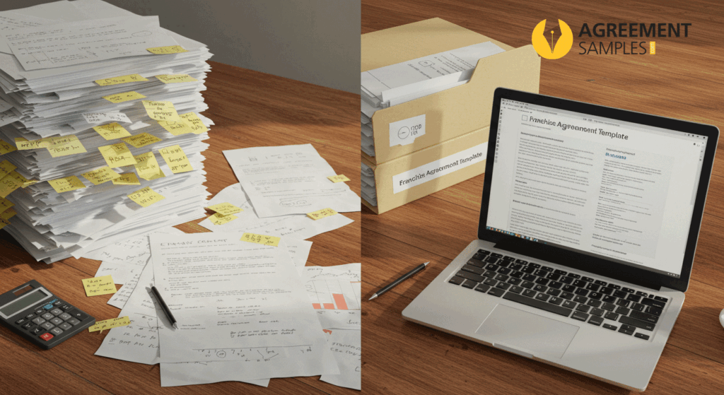 Side-by-side comparison of messy handwritten papers versus a neat restaurant franchise agreement template, symbolizing the benefits of using templates over drafting from scratch.