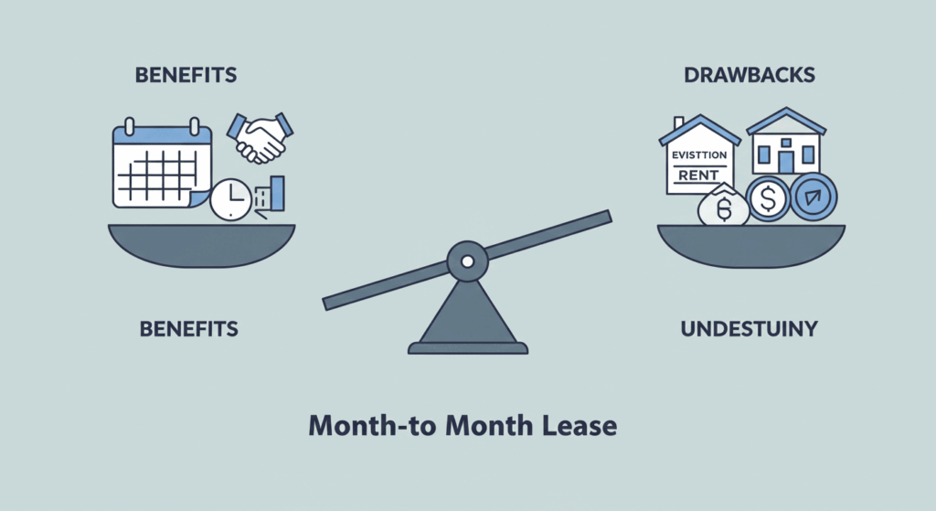 Infographic showing the benefits and drawbacks of a month-to-month lease, highlighting flexibility and adaptability on one side, and less stability and uncertainty on the other.