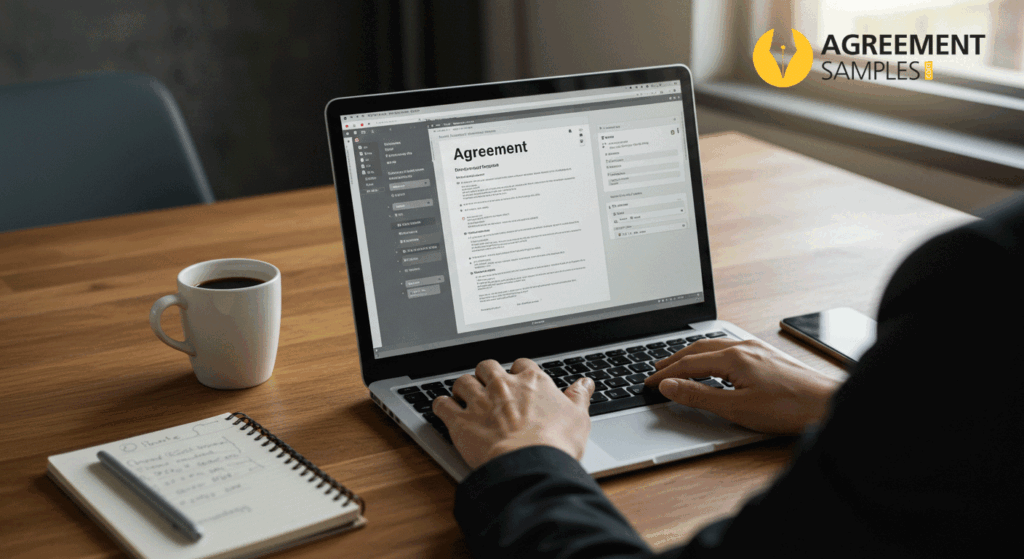 Business professional customizing an advertising agency agreement template on a laptop in a modern office