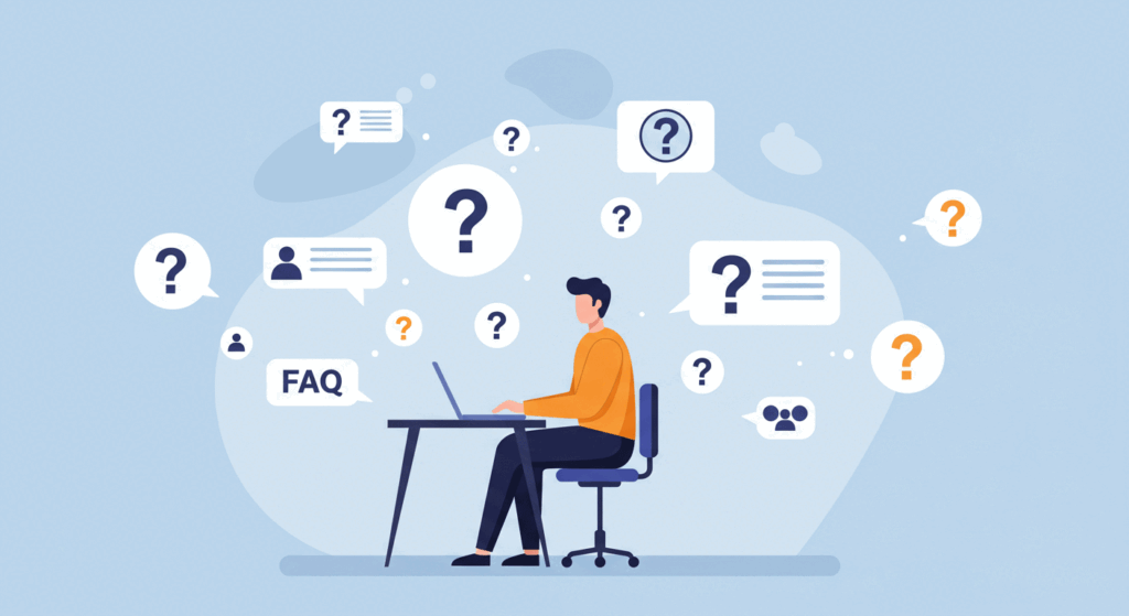 A professional reviewing FAQs on a laptop with floating question mark icons around.