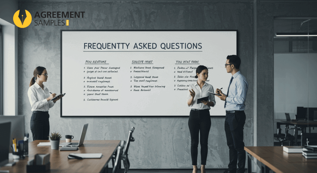 Business professionals reviewing common questions about independent consulting agreements on a whiteboard in a modern office.