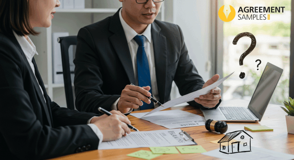 A tenant asking a landlord or advisor questions about a lease agreement, with documents and a notepad showing question marks, symbolizing frequently asked questions on month-to-month leases.