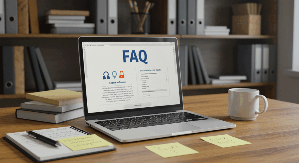 Image of a laptop showing FAQs on screen with notes and documents, representing frequently asked questions about temporary employment contracts.