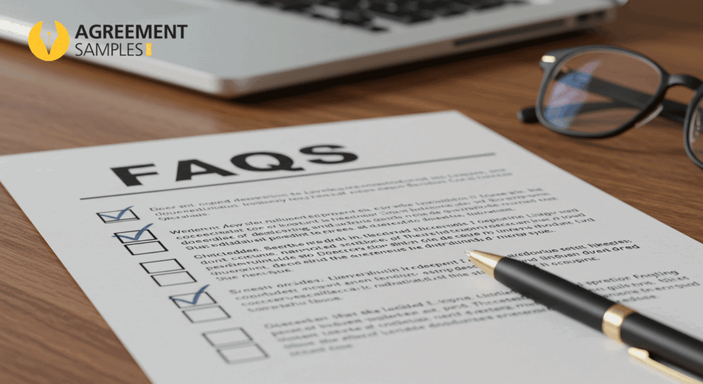 Printed FAQ document with check marks beside questions on a desk with pen, glasses, and laptop in background