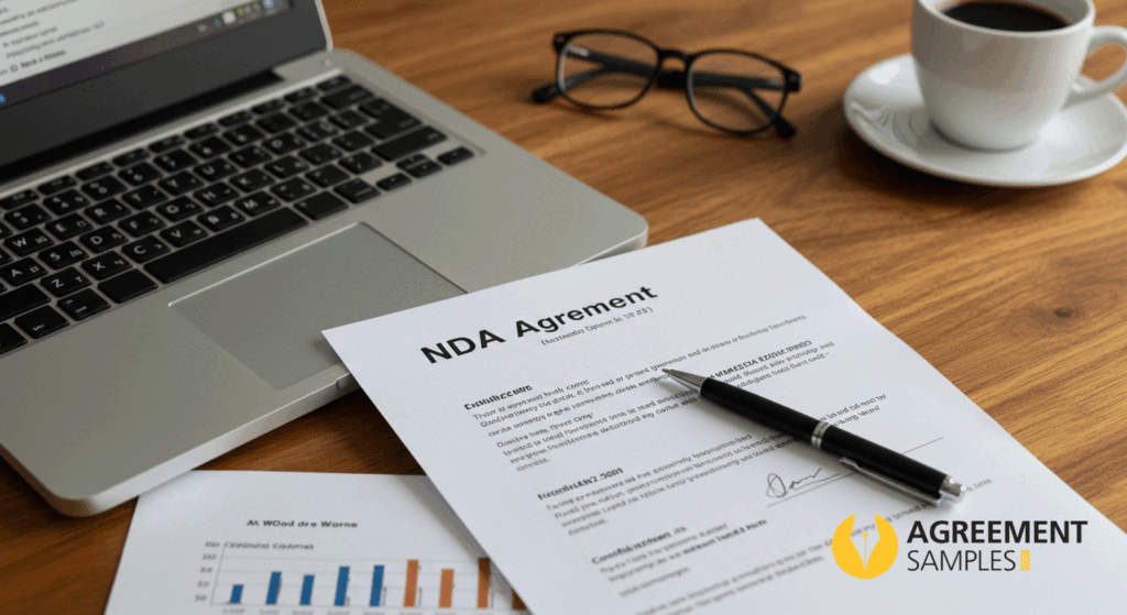 Business desk with an NDA template being customized on a laptop and paper document ready for signing.