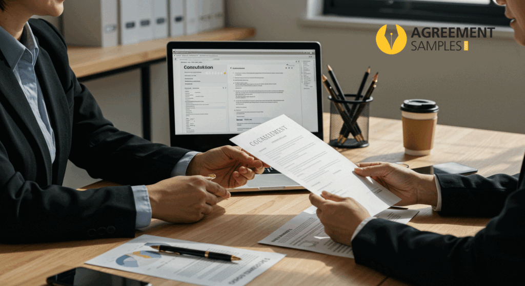 Business consultant and client reviewing and signing an independent consulting agreement in a modern office.