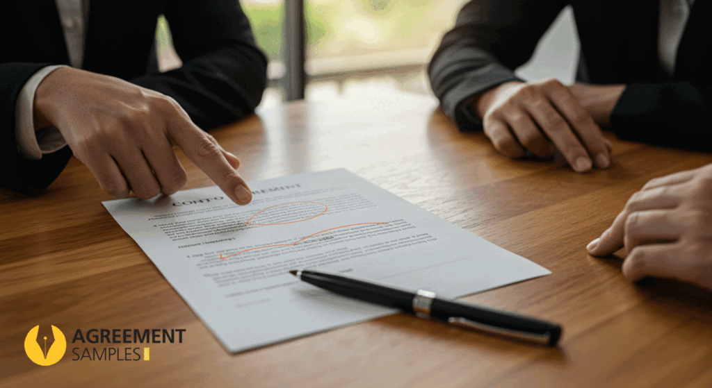 Professionals reviewing key clauses in an advertising agency agreement document during a business meeting