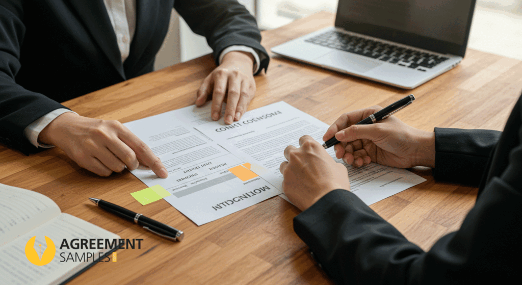 Business professionals reviewing key clauses in a product distribution agreement including territory, exclusivity, term, and obligations