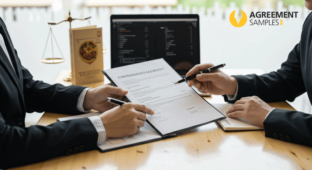 Restaurant owner consulting with a legal advisor to review and customize a franchise agreement document.