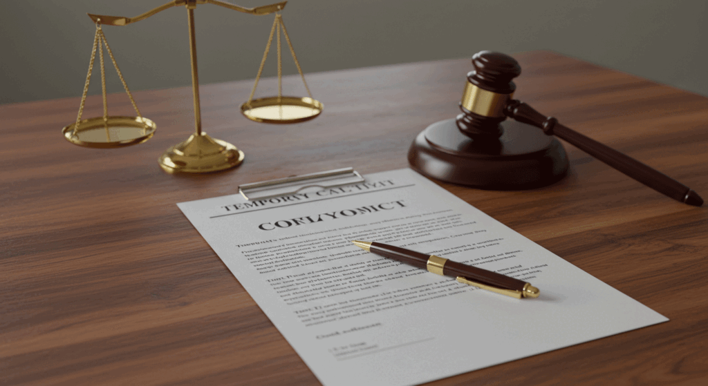 Image of a temporary employment contract with pen, gavel, and legal scales representing legal considerations.