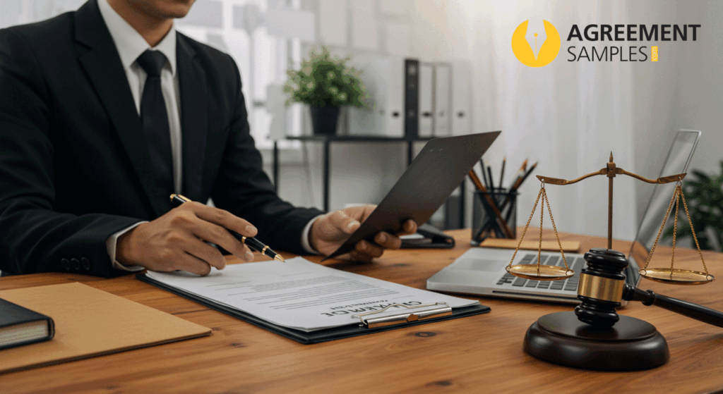 A person reviewing legal documents with a gavel and scales of justice on the desk, symbolizing legal considerations in a month-to-month lease.