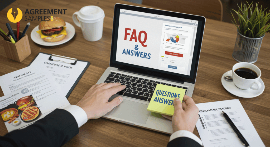 Business professional reviewing a FAQ page about restaurant franchise agreements, with contracts and restaurant materials on the desk.