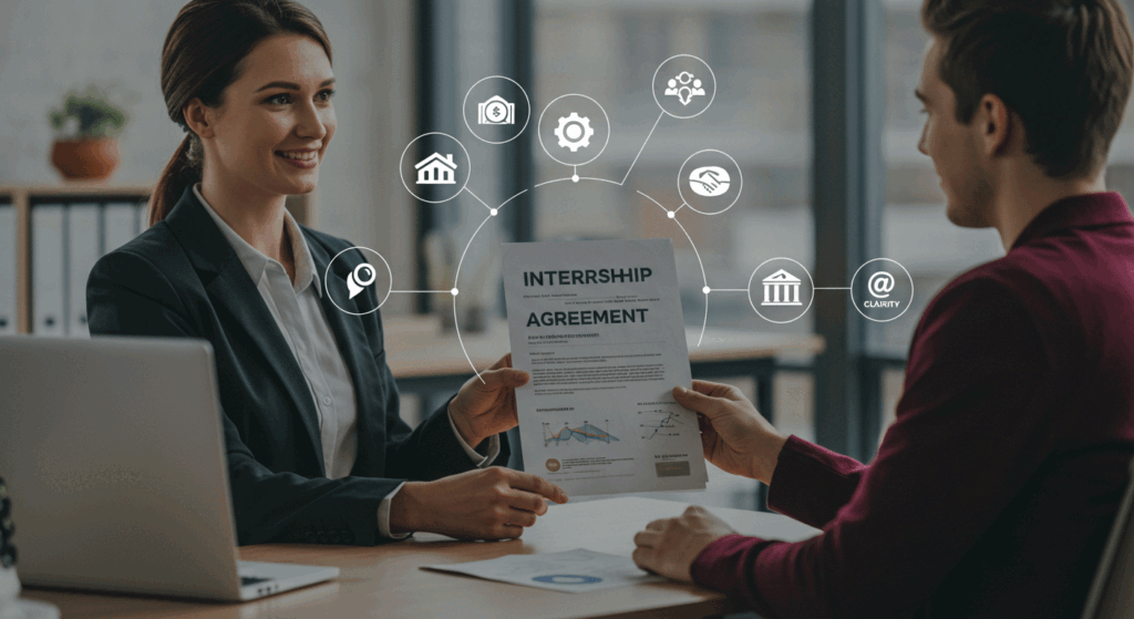 Business professional presenting an internship agreement template to an intern, symbolizing benefits like clarity, protection, and professionalism.