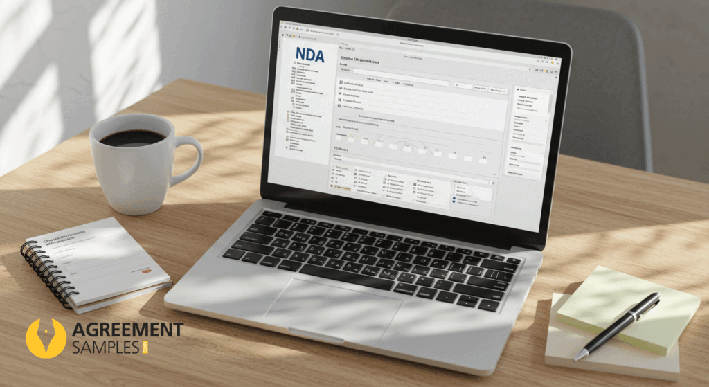 Laptop showing an editable investor NDA template in Word with customization highlights, coffee cup, and stationery on desk