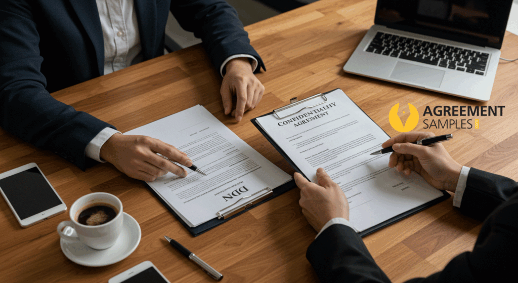 Two professionals reviewing NDA and Confidentiality Agreement documents side by side on a desk in a business meeting setting.