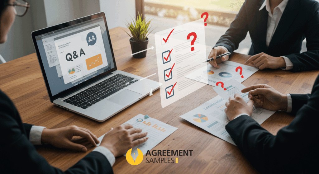 Business professionals reviewing a FAQ document on retail franchise agreements for clarity and guidance.