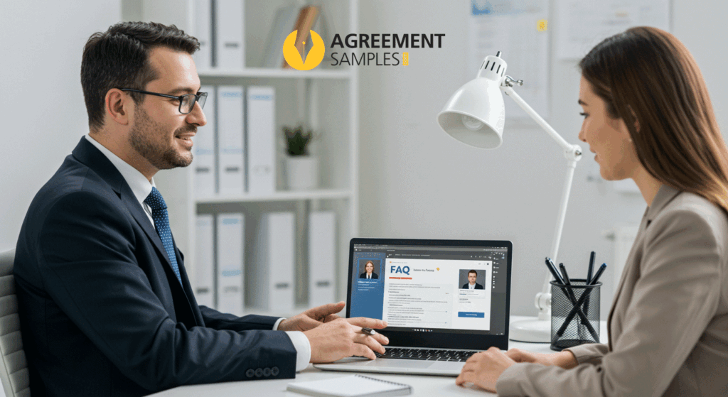 HR manager discussing frequently asked questions about internship agreements with a young intern in an office setting.