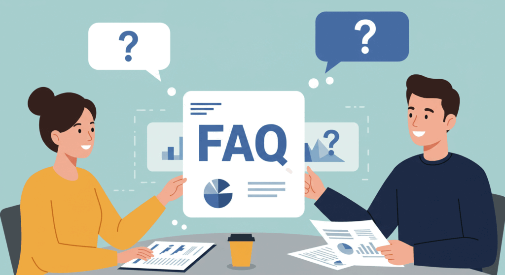 Two business professionals discussing an investor NDA with question mark icons representing frequently asked questions