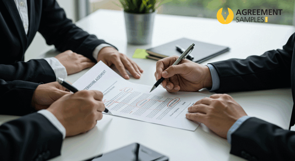 Two professionals reviewing and signing an internship agreement document with highlighted key clauses.