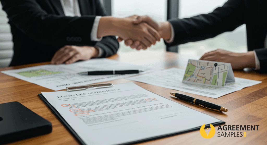 Key clauses in a land lease agreement, showing contract terms, property map, and handshake